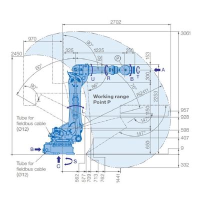 6軸線のロボット腕GP225のペイロード225kgは2702mmの物質的な渡すロボットに達する